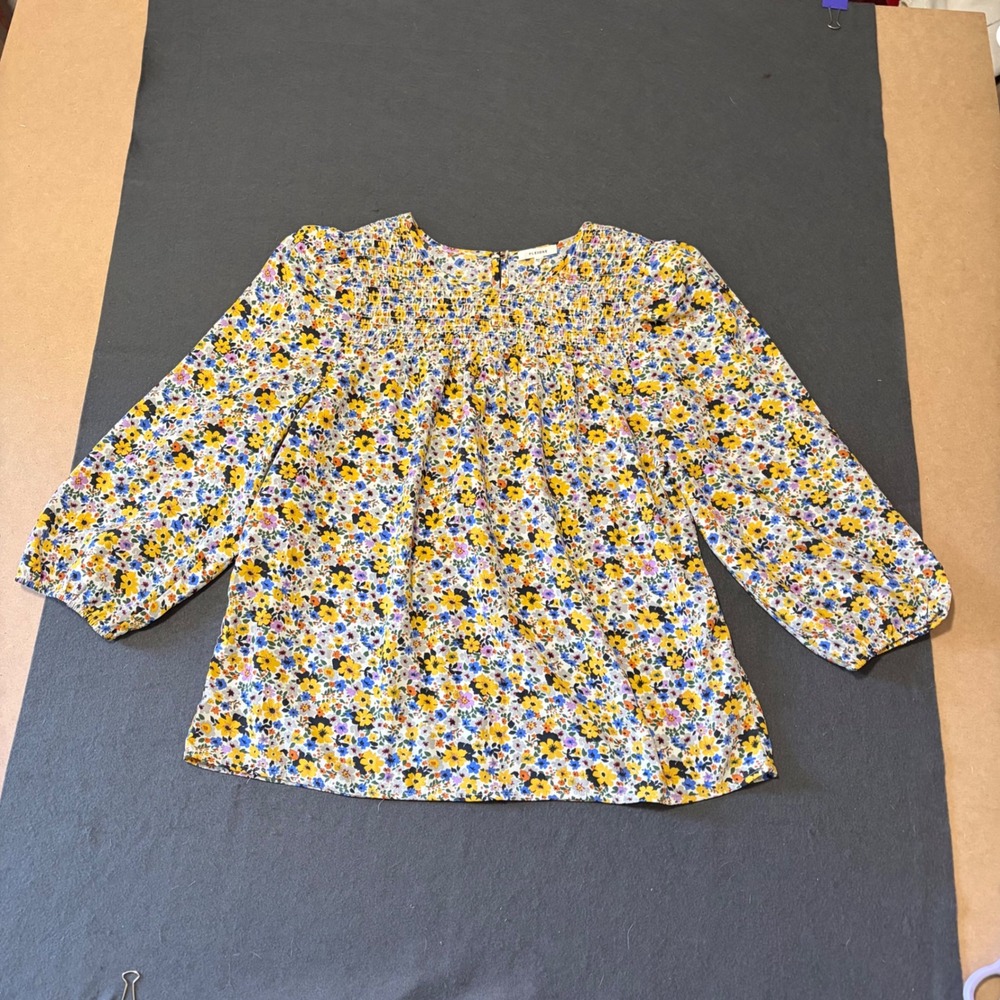 Pleione Smocked Floral Blouse Womens L Multicolor Loose Boho Core Lightweight